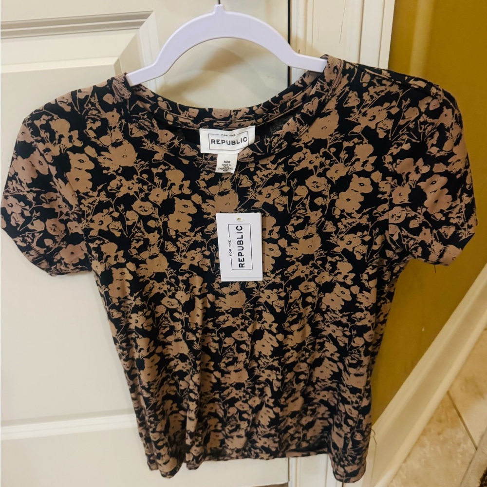 For The Republic Black and Brown Floral Short Sleeve Tee
